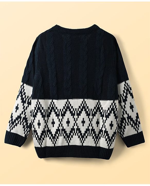 Pine Kids Knit Full Sleeves Pullover Sweater With Cable Knit & Argyle Design - Navy Blue
