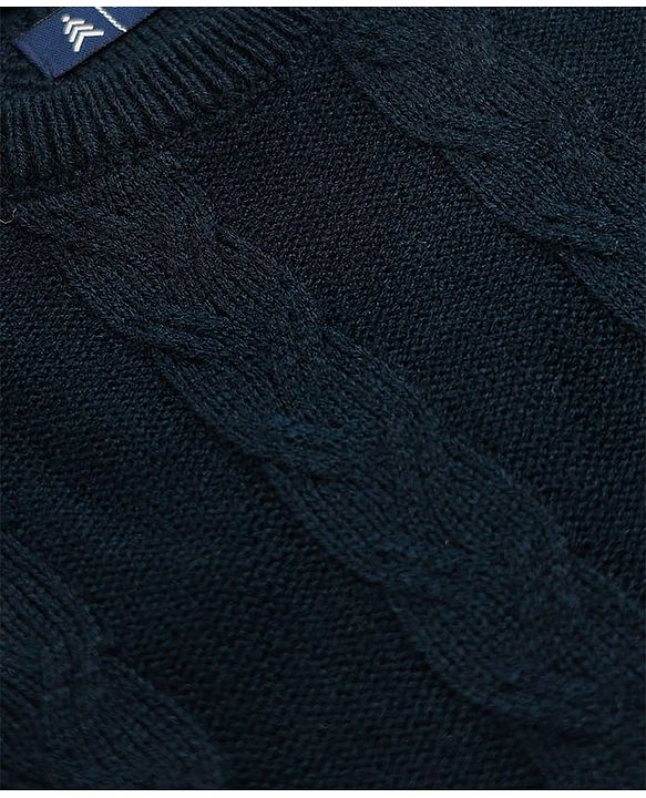 Pine Kids Knit Full Sleeves Pullover Sweater With Cable Knit & Argyle Design - Navy Blue