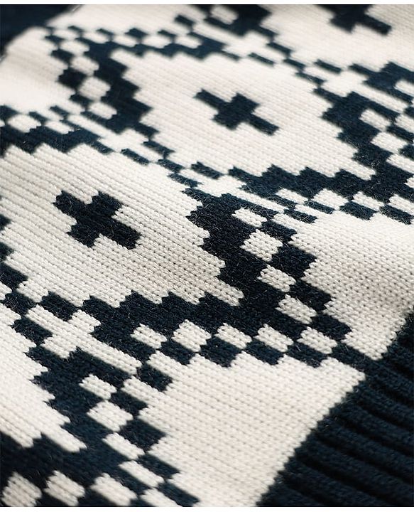 Pine Kids Knit Full Sleeves Pullover Sweater With Cable Knit & Argyle Design - Navy Blue