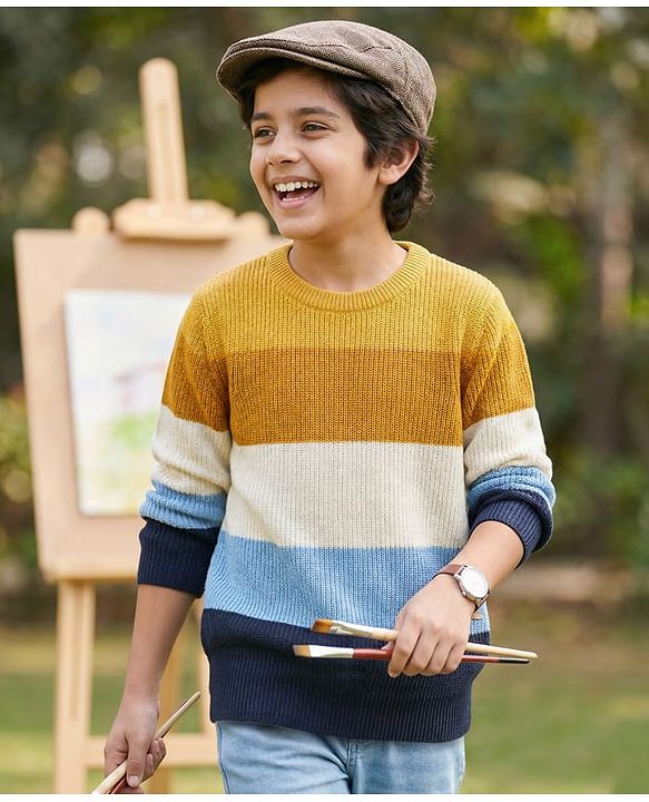 Pine Kids Knit Full Sleeves Pullover Sweater With Stripe Design - Multicolour