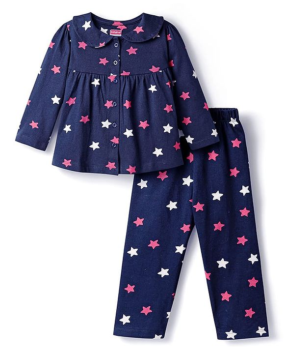 Babyhug Cotton Knit Full Sleeves Co-ords Night Suit With Star Print - Violet