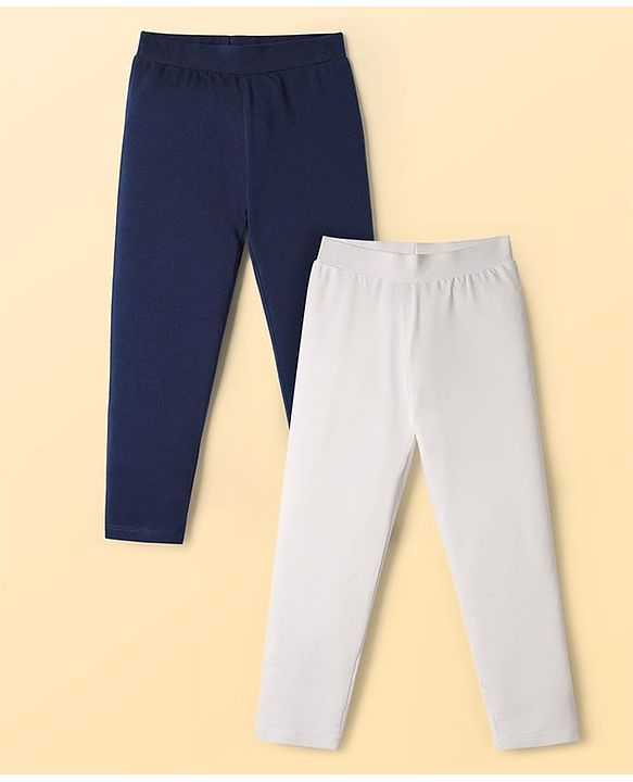 Pine Kids Cotton Lycra Knit Full Length Solid Coloured Leggings Pack Of 2- Navy Blue & White