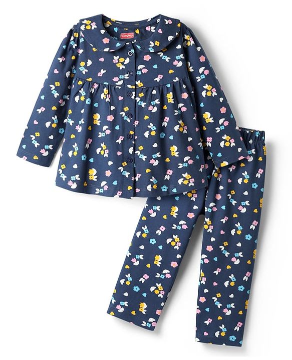 Babyhug Cotton Knit Full Sleeves Co-ords Night Suit With Floral Print - Navy Blue