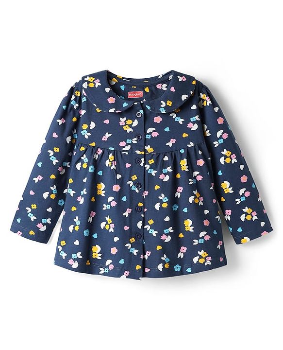 Babyhug Cotton Knit Full Sleeves Co-ords Night Suit With Floral Print - Navy Blue