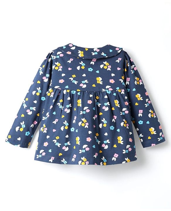 Babyhug Cotton Knit Full Sleeves Co-ords Night Suit With Floral Print - Navy Blue