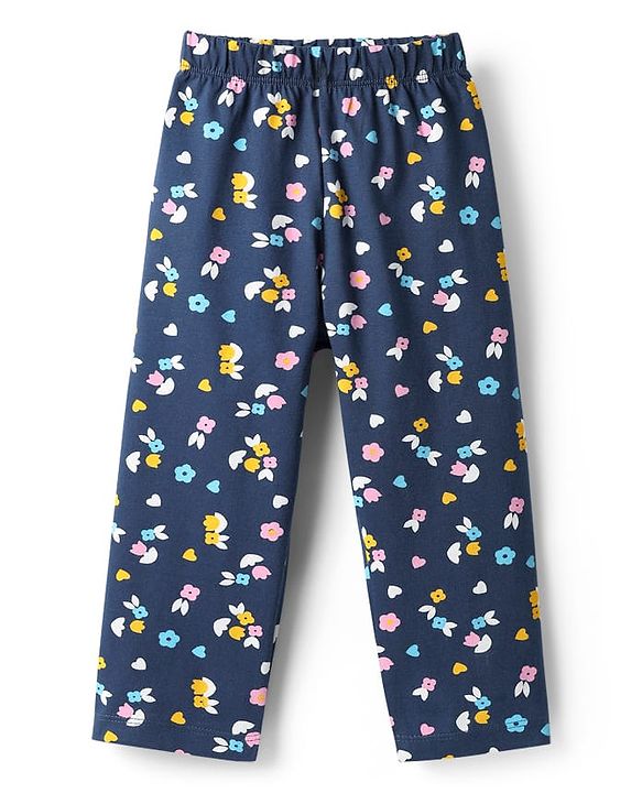 Babyhug Cotton Knit Full Sleeves Co-ords Night Suit With Floral Print - Navy Blue