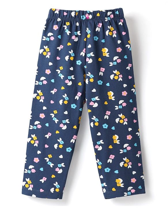 Babyhug Cotton Knit Full Sleeves Co-ords Night Suit With Floral Print - Navy Blue