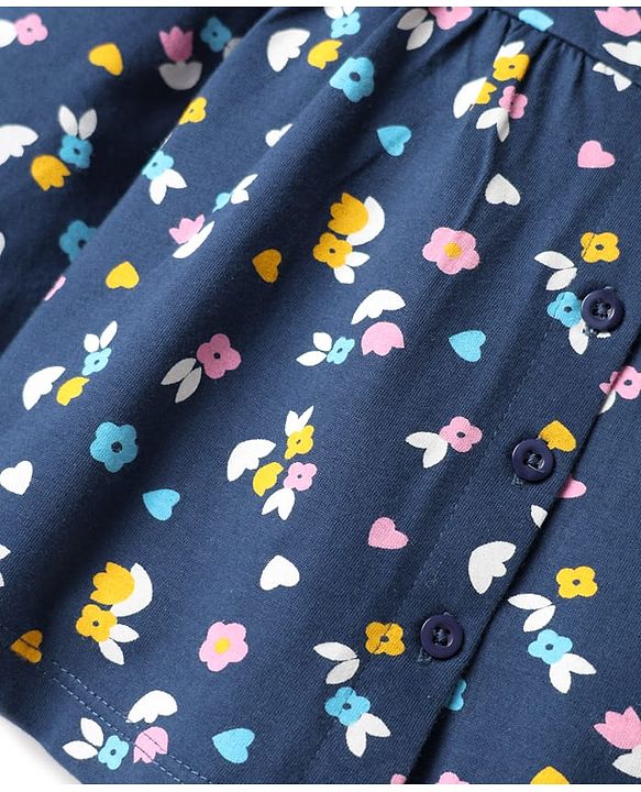 Babyhug Cotton Knit Full Sleeves Co-ords Night Suit With Floral Print - Navy Blue