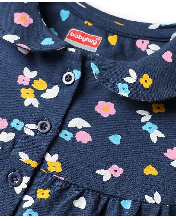 Babyhug Cotton Knit Full Sleeves Co-ords Night Suit With Floral Print - Navy Blue
