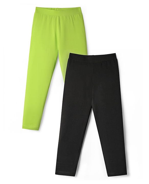 Pine Kids Cotton Lycra Knit Full Length Solid Coloured Leggings Pack Of 2- Black & Green