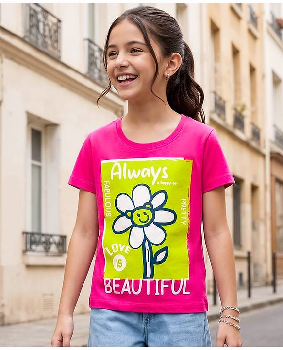 Pine Kids Cotton Knit Half Sleeves T-Shirt With Floral Print - Dark Pink