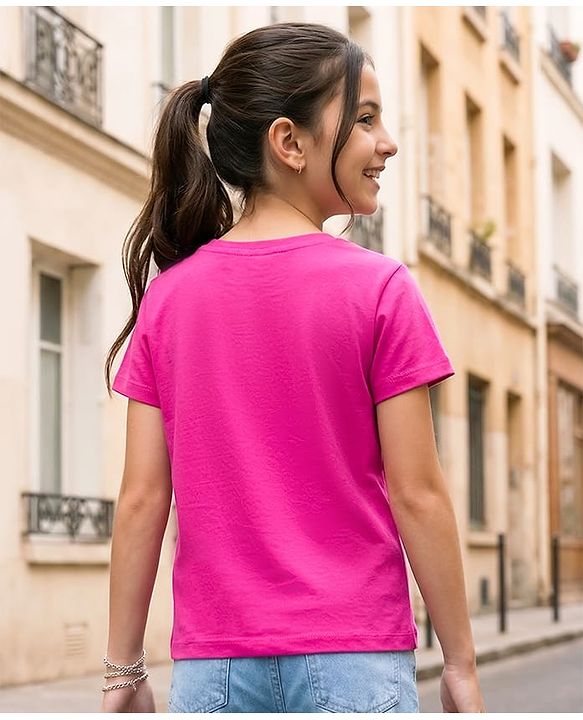 Pine Kids Cotton Knit Half Sleeves T-Shirt With Floral Print - Dark Pink