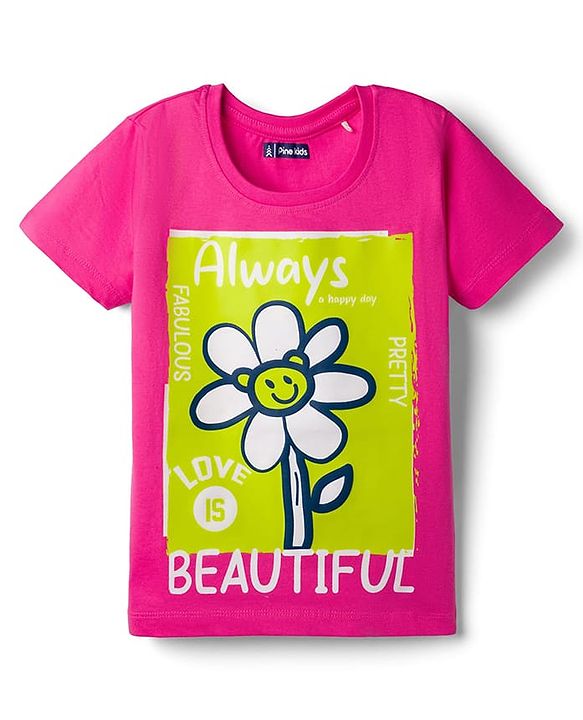 Pine Kids Cotton Knit Half Sleeves T-Shirt With Floral Print - Dark Pink