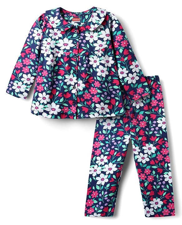 Babyhug 100% Cotton Knit Full Sleeves Co-ords Night Suit With Floral Print - Purple