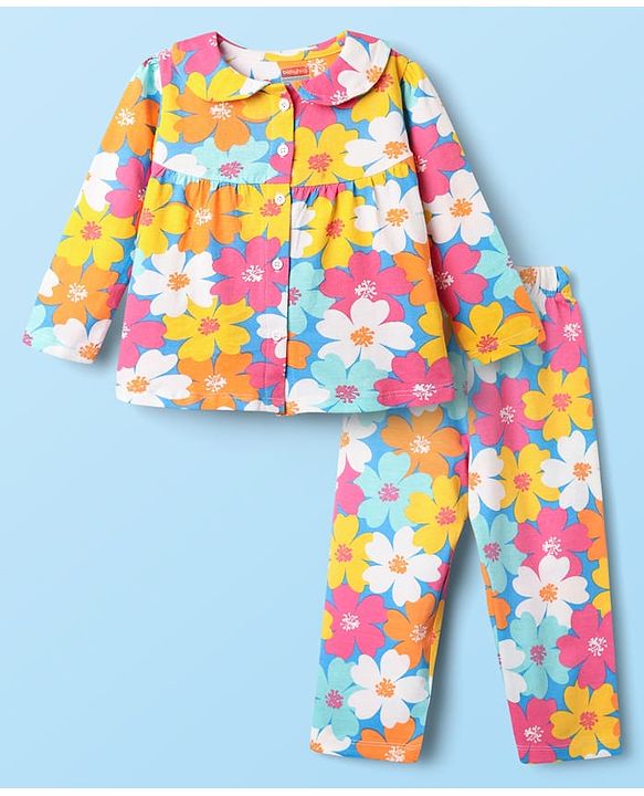 Babyhug Cotton Knit Full Sleeves Co-ords Night Suit With Floral Print - Multicolour