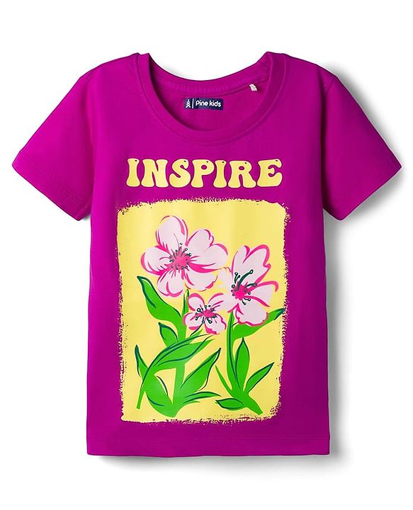 Pine Kids Cotton Knit Half Sleeves T-Shirt With Floral Print - Fuchsia