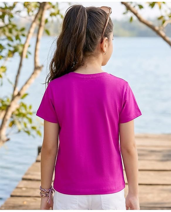 Pine Kids Cotton Knit Half Sleeves T-Shirt With Floral Print - Fuchsia
