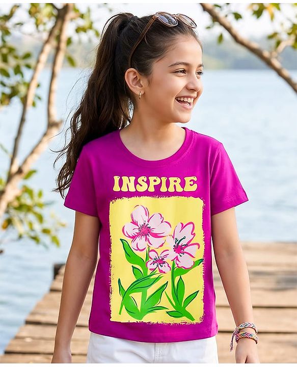 Pine Kids Cotton Knit Half Sleeves T-Shirt With Floral Print - Fuchsia