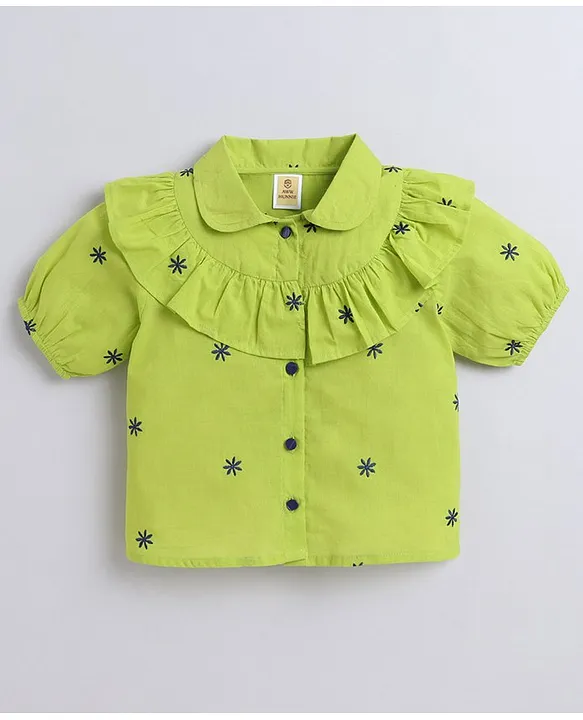 Floral Embroidered Puffed Sleeve Shirt Top - 55% Off