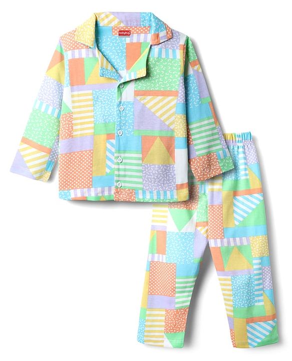 Babyhug Cotton Knit Full Sleeves Front Open Co-ords Night Suit with Abstract Print - Multicolor
