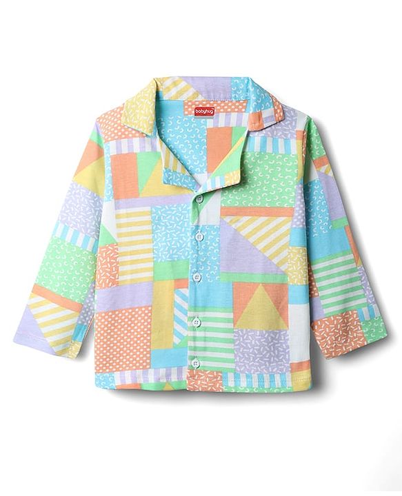 Babyhug Cotton Knit Full Sleeves Front Open Co-ords Night Suit with Abstract Print - Multicolor