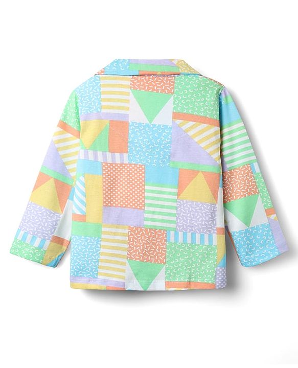 Babyhug Cotton Knit Full Sleeves Front Open Co-ords Night Suit with Abstract Print - Multicolor
