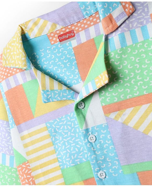 Babyhug Cotton Knit Full Sleeves Front Open Co-ords Night Suit with Abstract Print - Multicolor