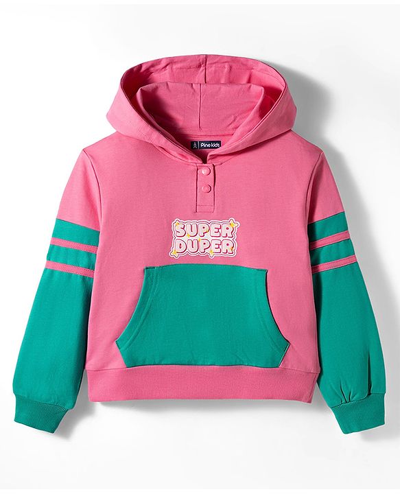 Pine Kids Cotton Knit Full Sleeves Hooded Sweatshirt with Text Print - Pink