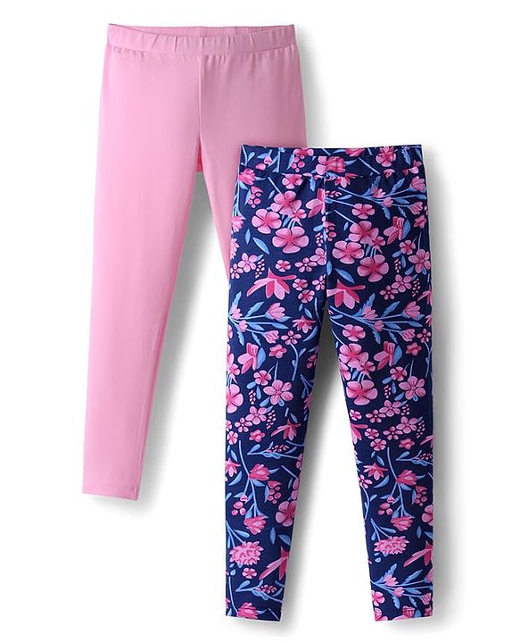 Pine Kids Cotton Knit Full Length Leggings With Floral Print Pack Of 2 - Purple & Pink