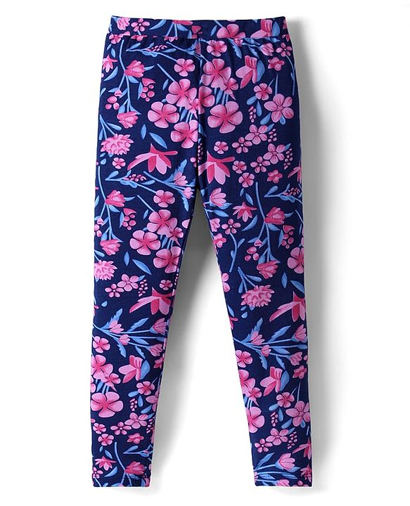Pine Kids Cotton Knit Full Length Leggings With Floral Print Pack Of 2 - Purple & Pink