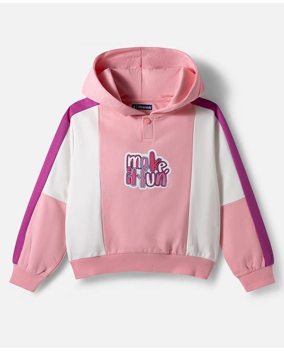 Pine Kids Cotton Knit Full Sleeves Hooded Sweatshirt with Kangaroo Pocket & Text Print - Multicolor
