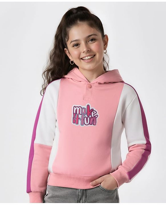 Pine Kids Cotton Knit Full Sleeves Hooded Sweatshirt with Kangaroo Pocket & Text Print - Multicolor