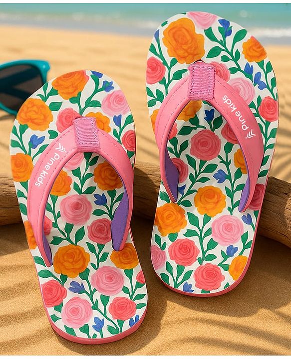Pine Kids Slip On Flip Flops with Floral Print - Pink
