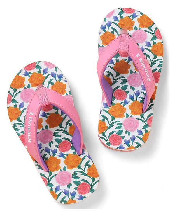 Pine Kids Slip On Flip Flops with Floral Print - Pink