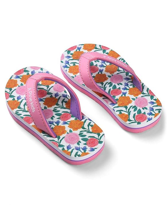 Pine Kids Slip On Flip Flops with Floral Print - Pink