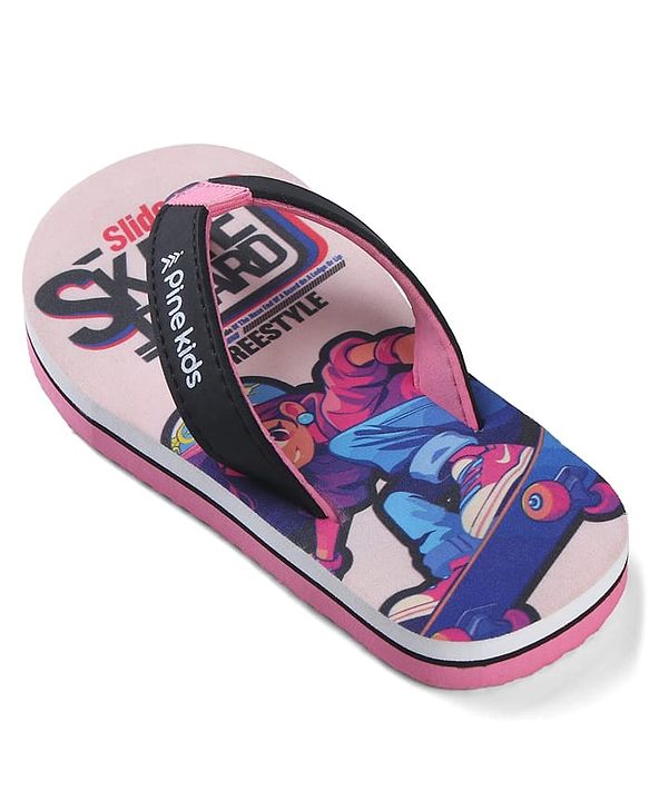Pine Kids Slip On Flip Flops with Skating Print - Pink