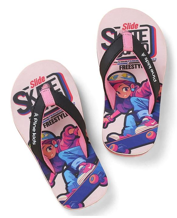 Pine Kids Slip On Flip Flops with Skating Print - Pink
