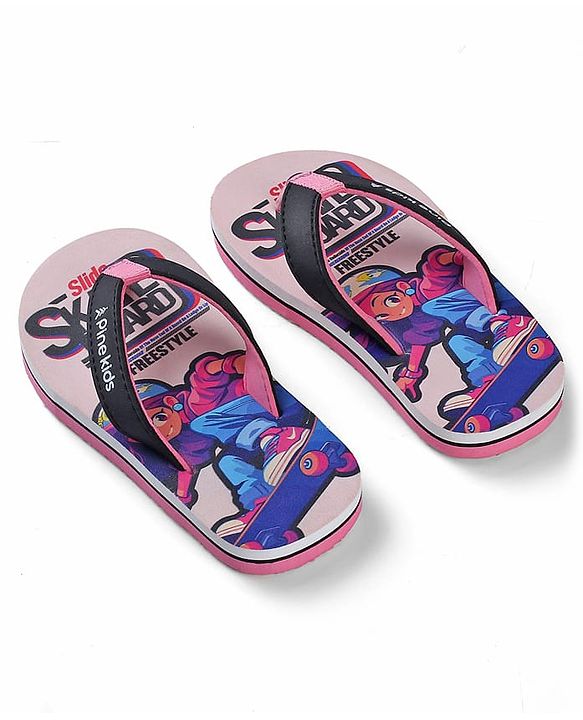 Pine Kids Slip On Flip Flops with Skating Print - Pink
