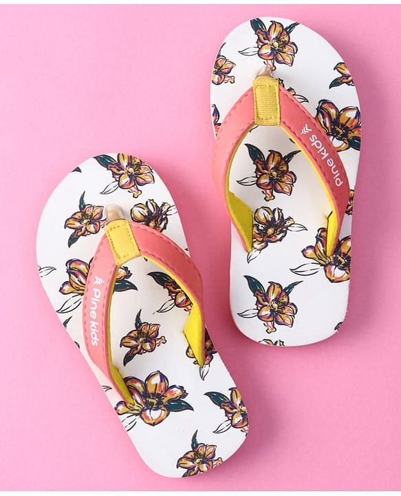 Pine Kids Slip on Flip Flops with Floral Print - White