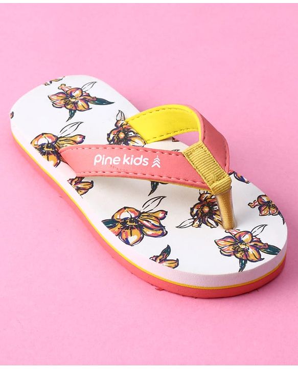 Pine Kids Slip on Flip Flops with Floral Print - White
