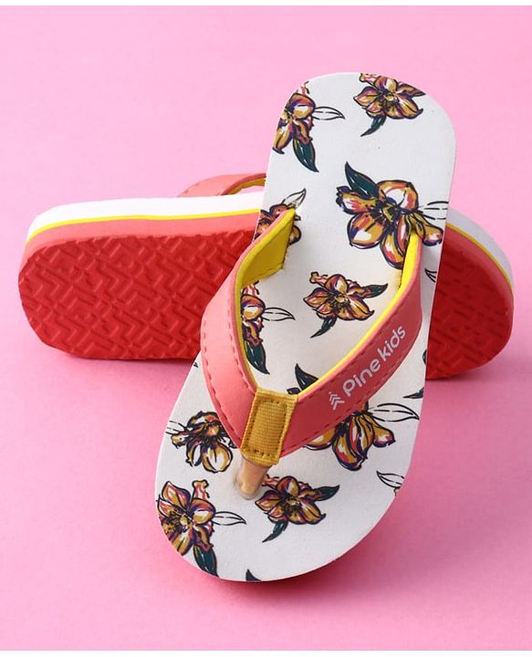 Pine Kids Slip on Flip Flops with Floral Print - White