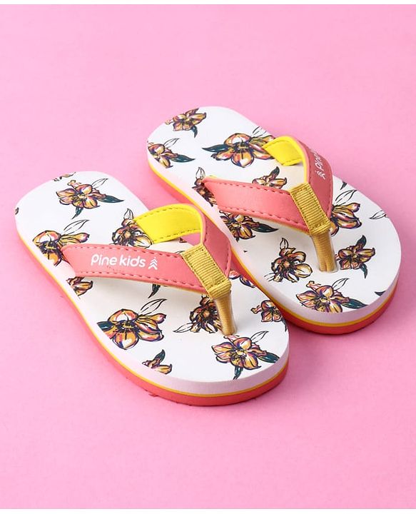 Pine Kids Slip on Flip Flops with Floral Print - White
