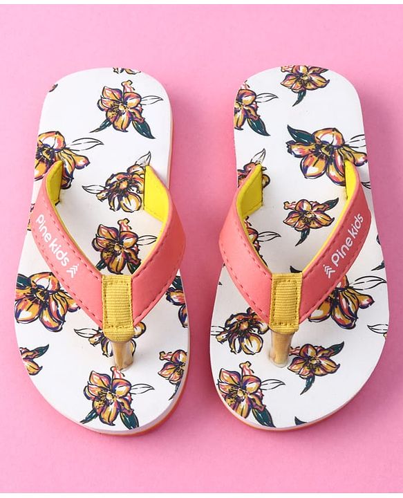 Pine Kids Slip on Flip Flops with Floral Print - White