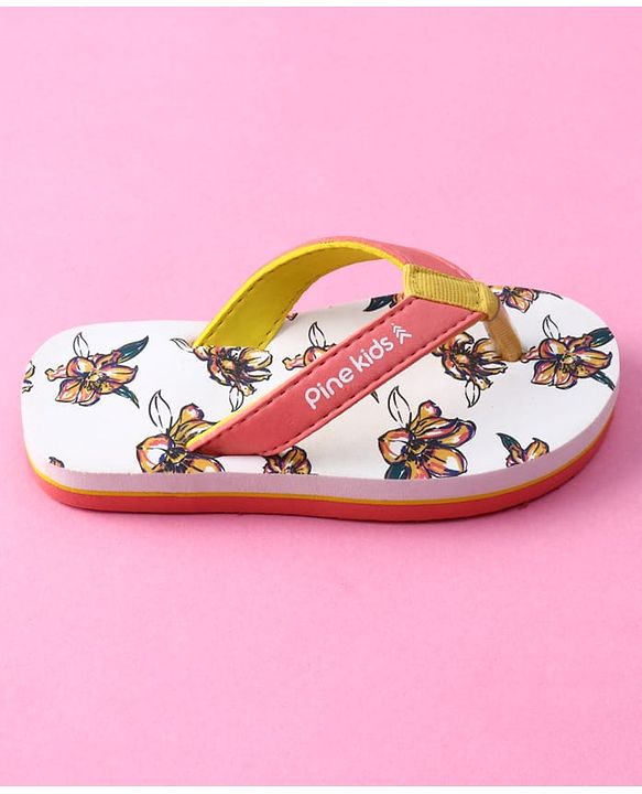 Pine Kids Slip on Flip Flops with Floral Print - White