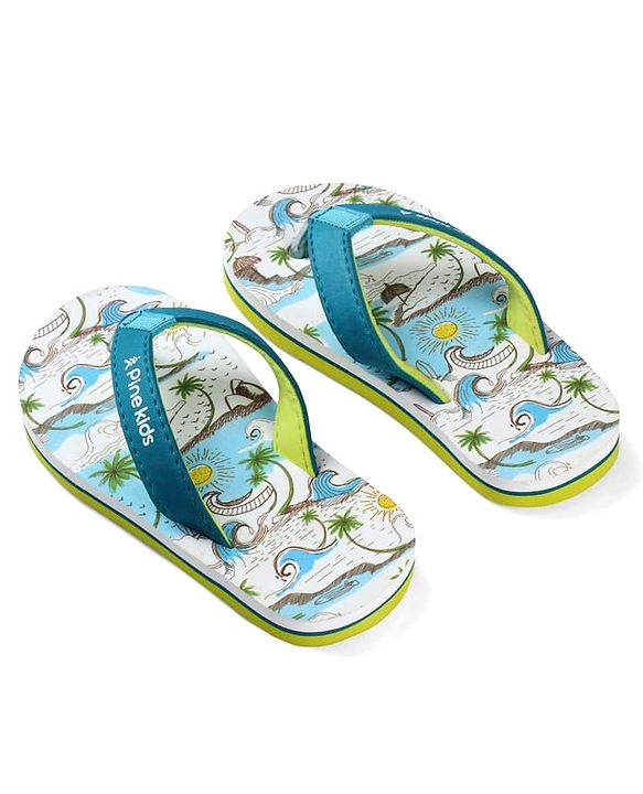 Pine Kids Slip On Flip Flops with Beach Theme Print - Blue