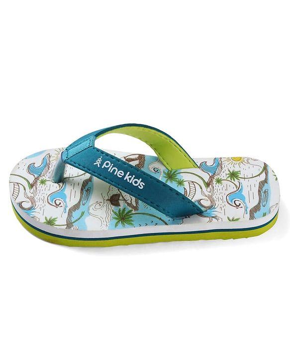 Pine Kids Slip On Flip Flops with Beach Theme Print - Blue