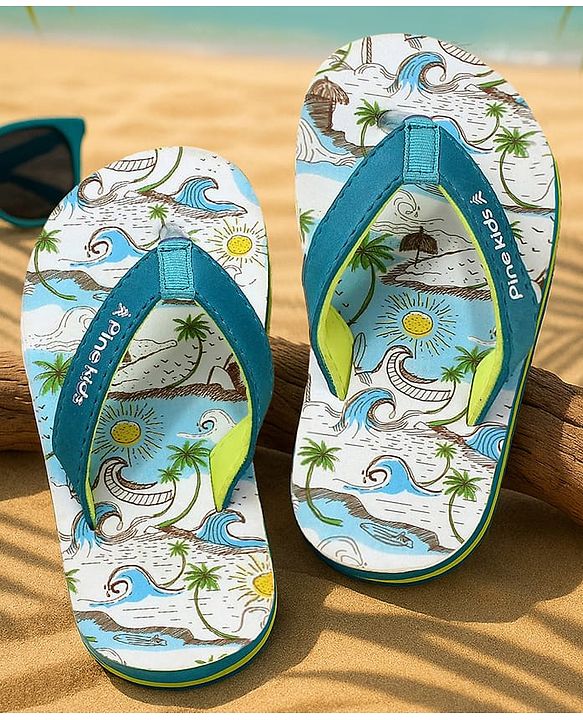 Pine Kids Slip On Flip Flops with Beach Theme Print - Blue