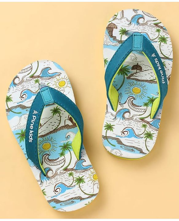 Pine Kids Slip On Flip Flops with Beach Theme Print - Blue