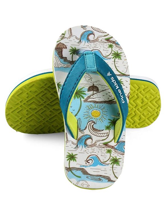Pine Kids Slip On Flip Flops with Beach Theme Print - Blue