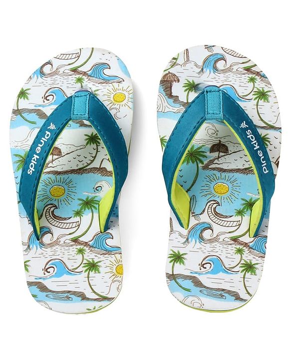 Pine Kids Slip On Flip Flops with Beach Theme Print - Blue
